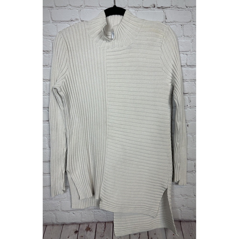 CABI D-Ring Asymmetrical Ribbed Ivory Sweater # 3363 Cream Pullover sz S